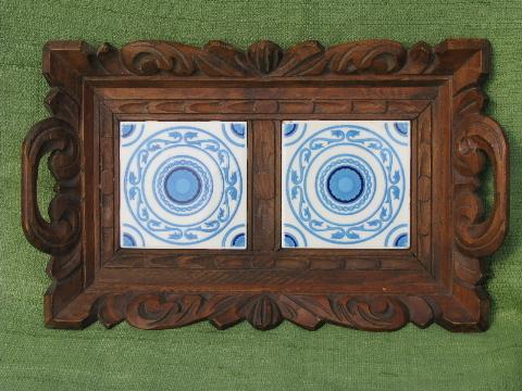 rustic carved wood trays w/ blue and white hand-painted Mexican tiles