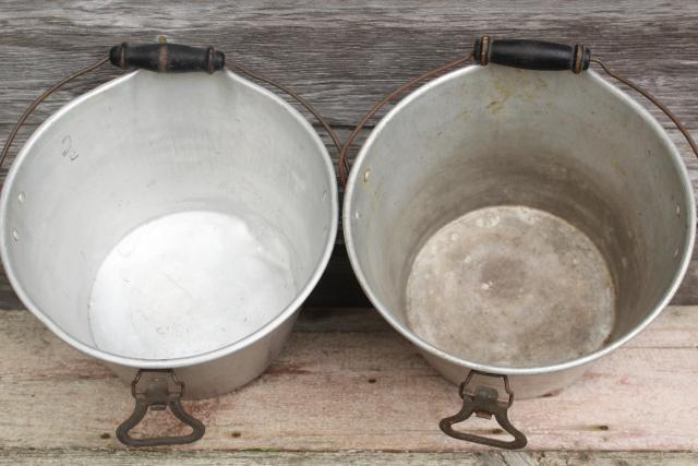 rustic farmhouse vintage metal buckets, 1930s depression era aluminum farm pails