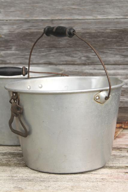 rustic farmhouse vintage metal buckets, 1930s depression era aluminum farm pails