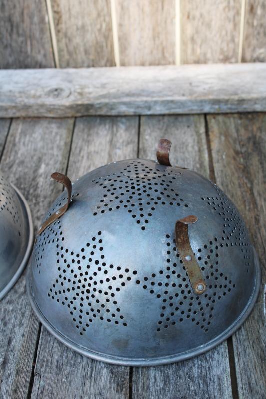 rustic farmhouse vintage metal colander bowls, star pattern strainer baskets 