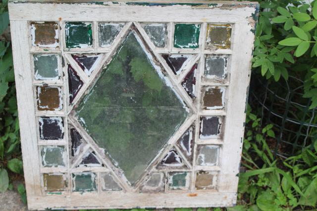rustic farmhouse vintage stained glass window chippy wood colored glass