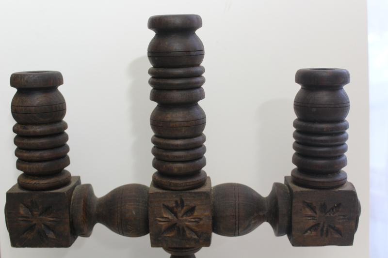 rustic hand carved wood candelabra or altar candlestick, old Mexico 70s vintage