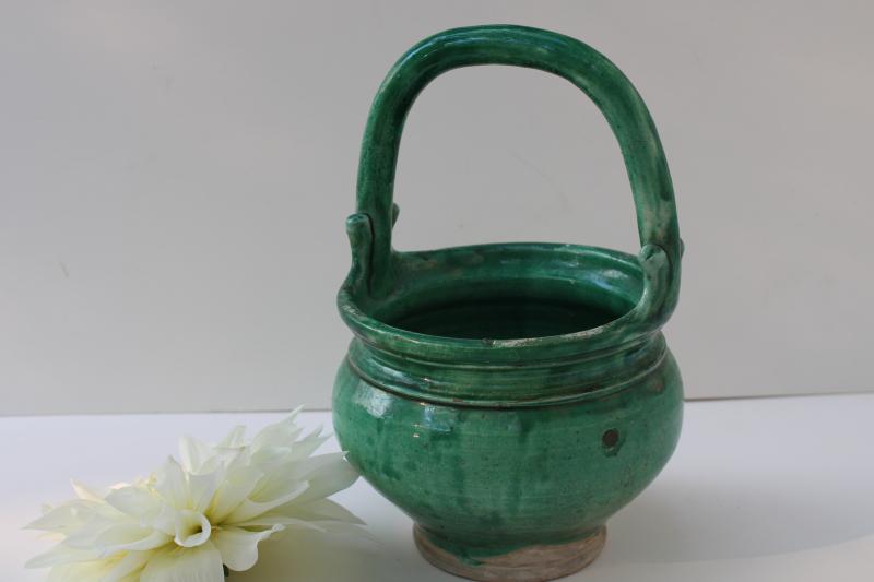 rustic hand thrown pottery planter, made in Italy vintage flower basket w/ green glaze