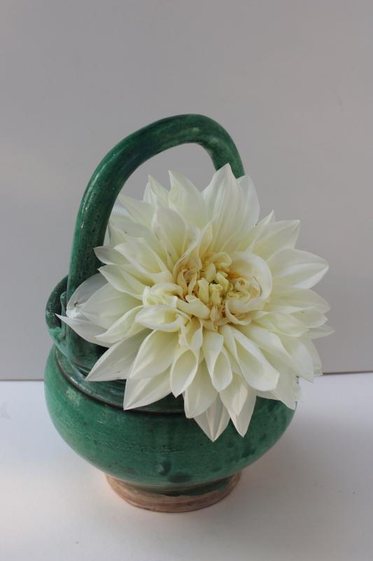 rustic hand thrown pottery planter, made in Italy vintage flower basket w/ green glaze