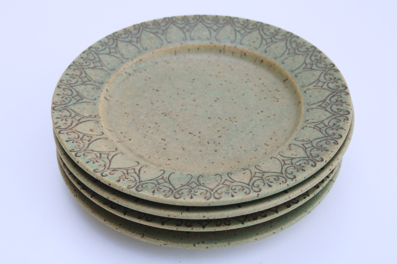rustic hand thrown pottery plates, heavy stoneware muted green glaze w/ filigree pattern borders