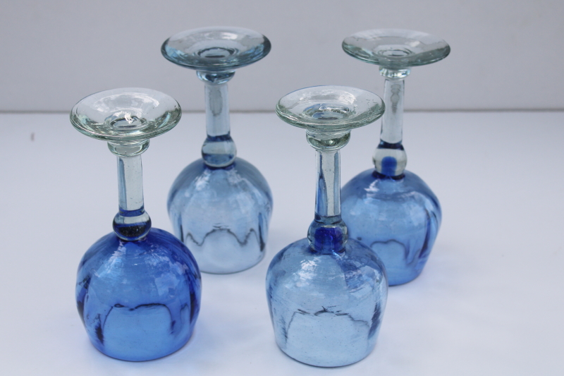 rustic handcrafted blown glass goblets, pale cobalt sea glass green recycled glass wine glasses