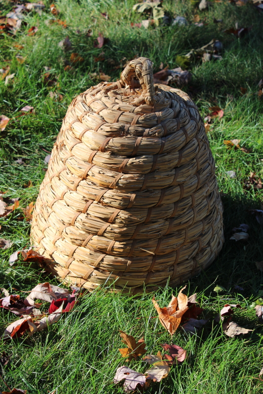 rustic handmade coiled straw bee skep, vintage French country style basket beehive garden decor