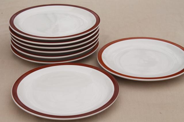 rustic heavy ironstone dinner plates w/ brown brushstroke border, Ultima restaurant china