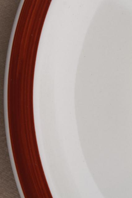 rustic heavy ironstone dinner plates w/ brown brushstroke border, Ultima restaurant china