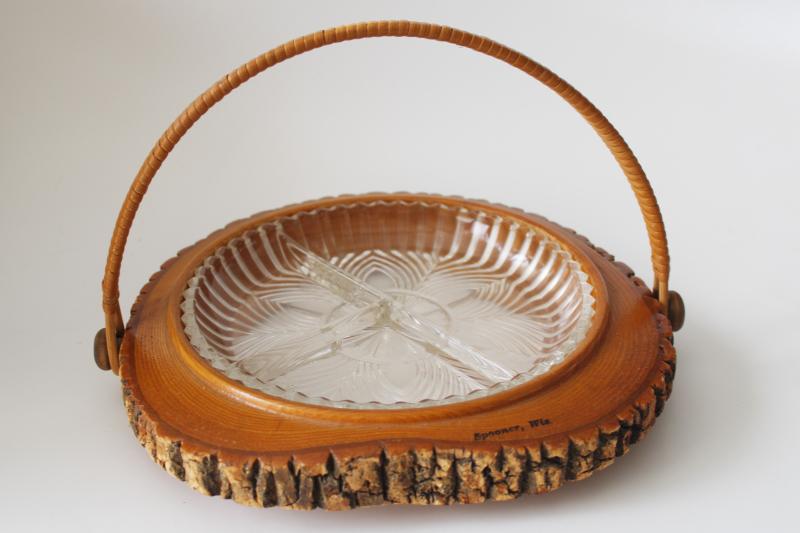 rustic live edge tree bark wood bowl w/ basket handle, vintage Wisconsin souvenir
