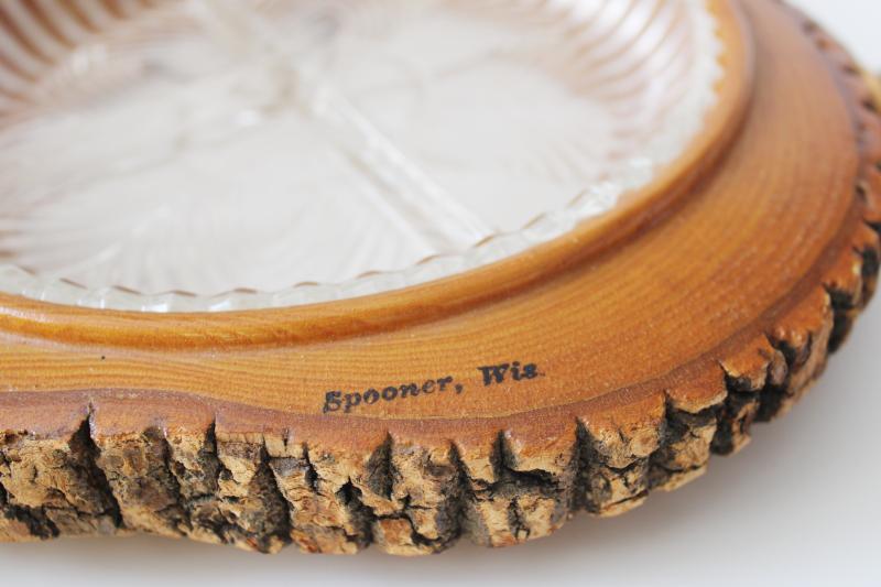 rustic live edge tree bark wood bowl w/ basket handle, vintage Wisconsin souvenir