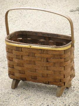 rustic old splint needlework basket for mending, sewing, knitting