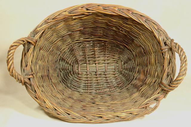 rustic primitive woven basket, childs size vintage wicker laundry basket