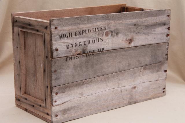 rustic rough old weathered wood box stamped High Explosives, vintage packing crate