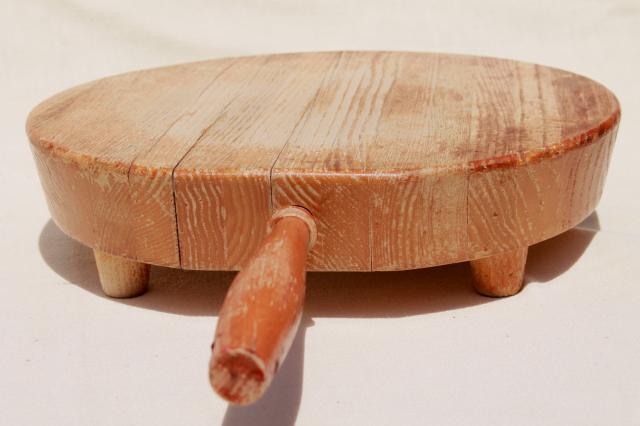 rustic rough round wood cheese or bread board, Nevco cutting board w/ wooden handle