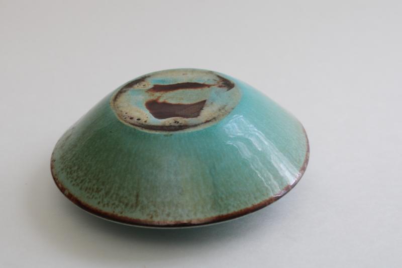 rustic vintage California pottery candle holder, aqua blue w/ brown drip glaze