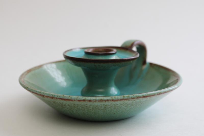 rustic vintage California pottery candle holder, aqua blue w/ brown drip glaze