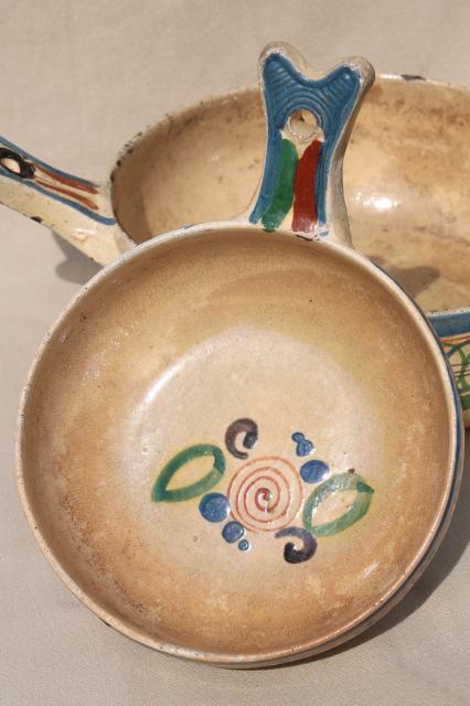 rustic vintage Mexican art pottery set of stick handled bowls, hand painted clay pots