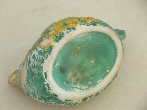 rustic vintage Mexican pottery chicken, yellow / turquoise painted hen