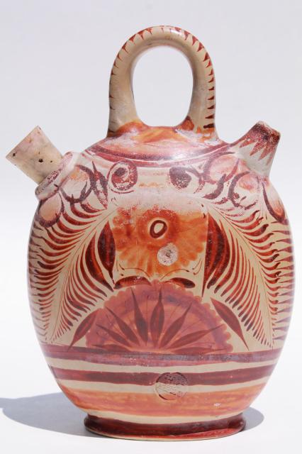 rustic vintage Mexican pottery water bottle or wine jug, flat canteen shape painted earth colors