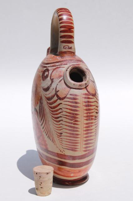 rustic vintage Mexican pottery water bottle or wine jug, flat canteen shape painted earth colors