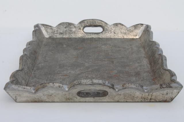 rustic vintage Mexican tooled tin tray w/ lovely worn patina, zinc color