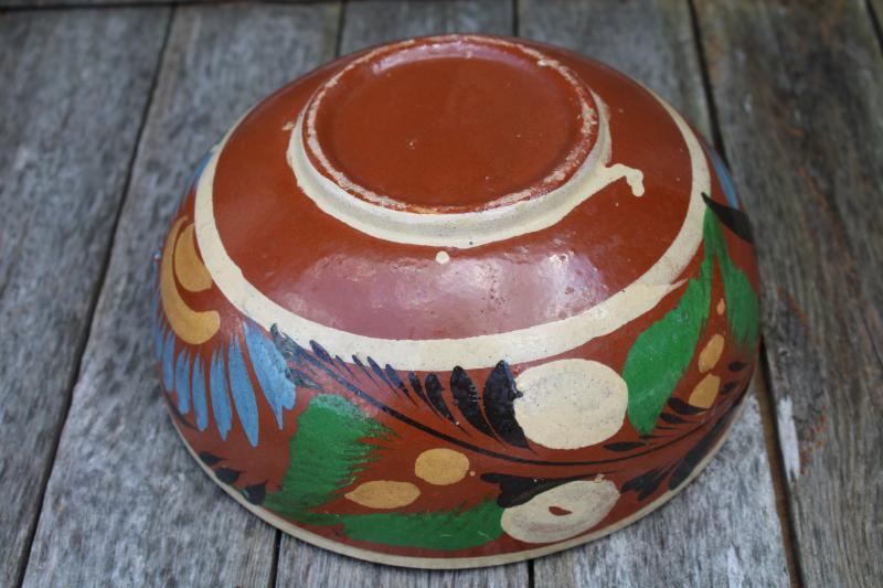 rustic vintage Mexico hand painted pottery bowl, redware terracotta clay