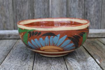 rustic vintage Mexico hand painted pottery bowl, redware terracotta clay