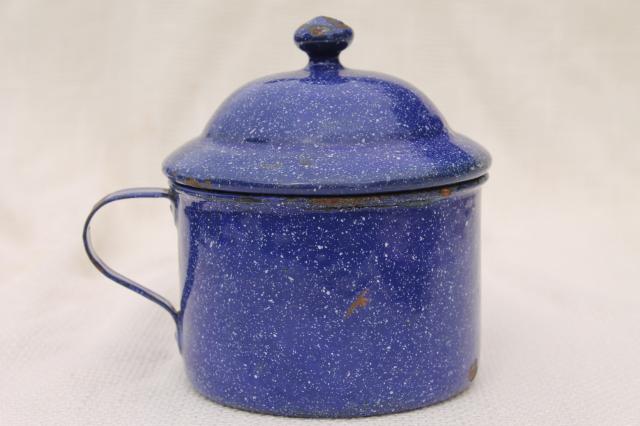 rustic vintage blue spatter enamelware camp cooking pot, one cup tiny teapot mug w/ lid