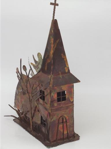 rustic vintage copper music box, Amazing Grace church w/ angels