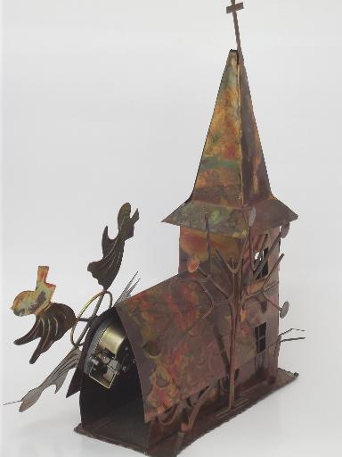 rustic vintage copper music box, Amazing Grace church w/ angels