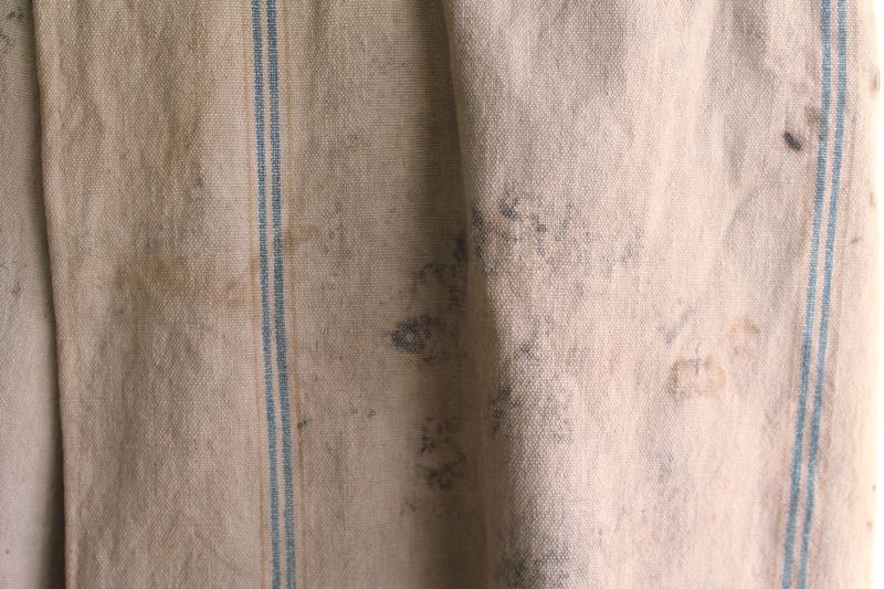 rustic vintage cotton grain sacks, blue & brown stripe feed bags patched primitive antique fabric