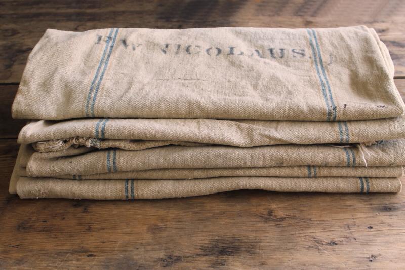rustic vintage cotton grain sacks, blue & brown stripe feed bags patched primitive antique fabric