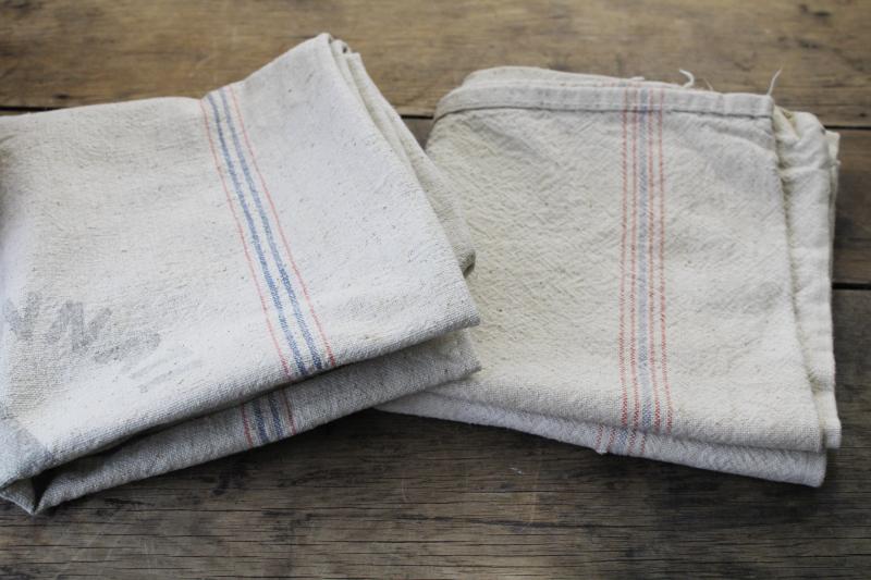 rustic vintage cotton grain sacks, blue & red stripe feed bags patched primitive antique fabric