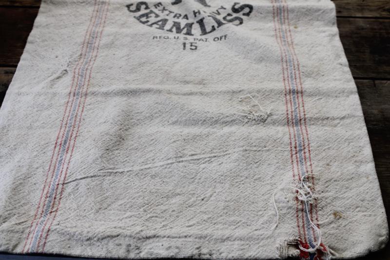 rustic vintage cotton grain sacks, blue & red stripe feed bags patched primitive antique fabric