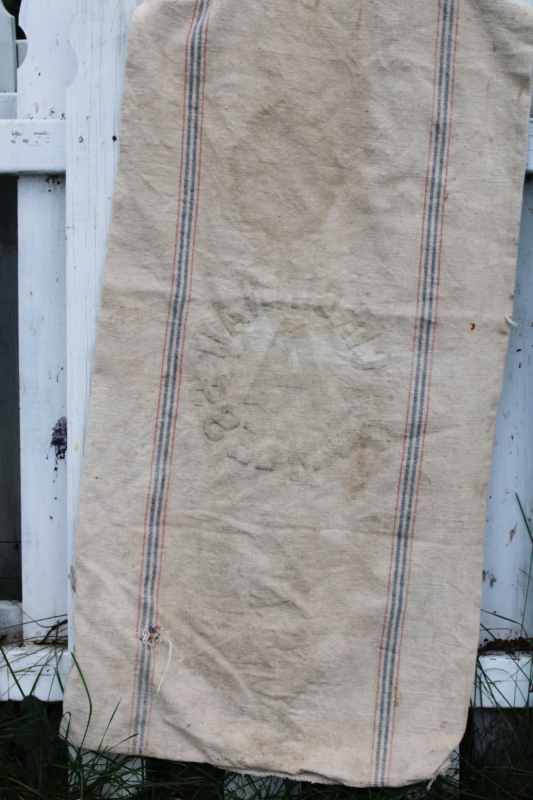 rustic vintage cotton grain sacks, blue  red stripe feed bags primitive antique fabric