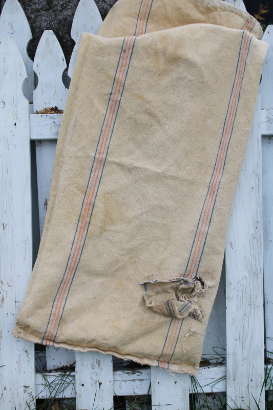 rustic vintage cotton grain sacks, blue  red stripe feed bags primitive antique fabric