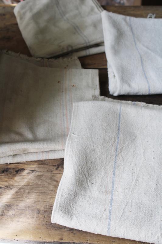 rustic vintage cotton grain sacks, blue & red stripe feed bags primitive antique fabric
