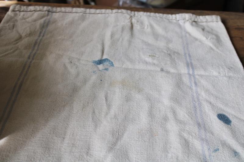 rustic vintage cotton grain sacks, blue & red stripe feed bags primitive antique fabric