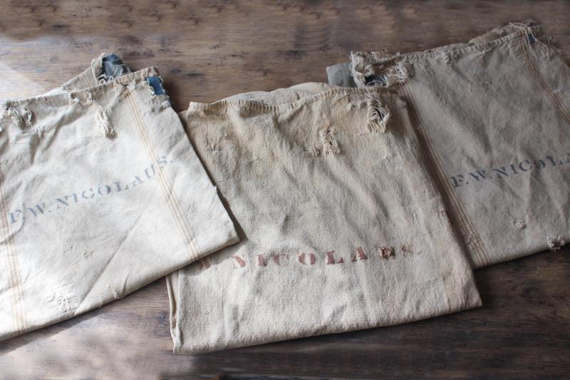 rustic vintage cotton grain sacks, coffee brown stripe feed bags patched primitive antique fabric