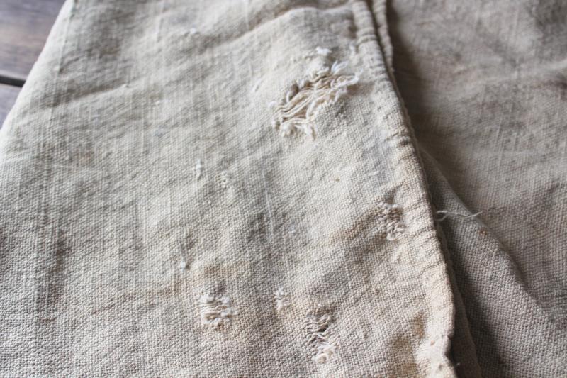 rustic vintage cotton grain sacks, coffee brown stripe feed bags patched primitive antique fabric