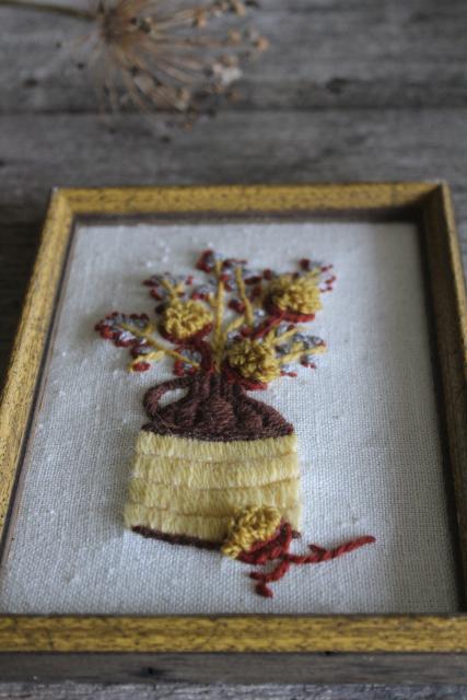 rustic vintage fall decor, vintage crewel embroidery wildflowers, wood framed pictures