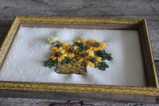 rustic vintage fall decor, vintage crewel embroidery wildflowers, wood framed pictures