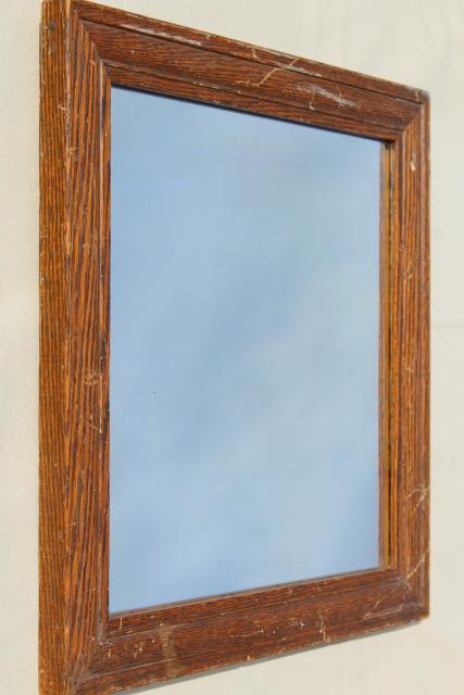 rustic vintage farmhouse mirror, square solid oak wood frame w/ original antique glass