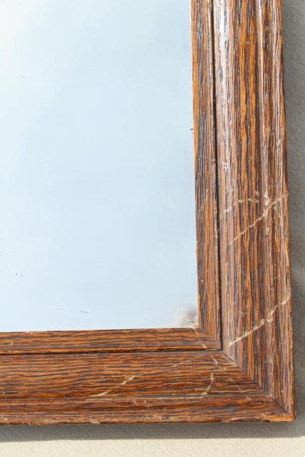 rustic vintage farmhouse mirror, square solid oak wood frame w/ original antique glass