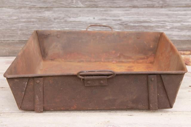 rustic vintage heavy steel pan w/ tray handles, antique steampunk industrial decor