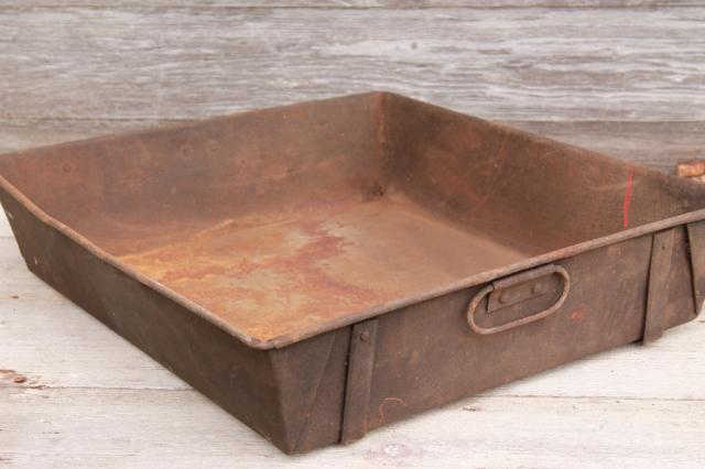 rustic vintage heavy steel pan w/ tray handles, antique steampunk industrial decor