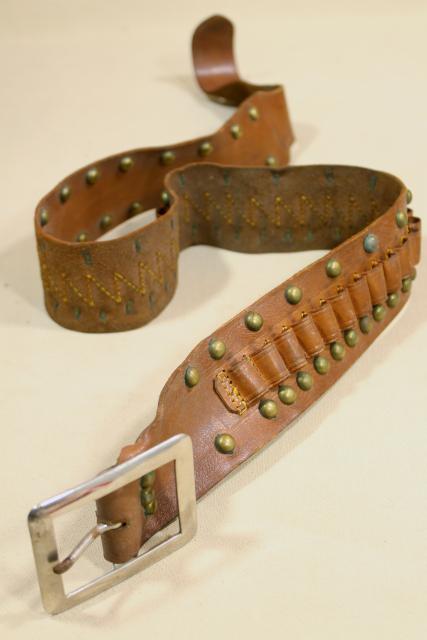 rustic vintage leather cartridge belt, mid-century hunting / cowboy gear