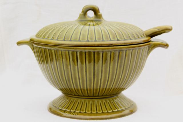 rustic vintage pottery soup tureen, olive green glazed ceramic covered bowl serving dish