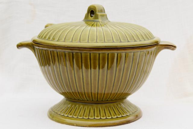 rustic vintage pottery soup tureen, olive green glazed ceramic covered bowl serving dish